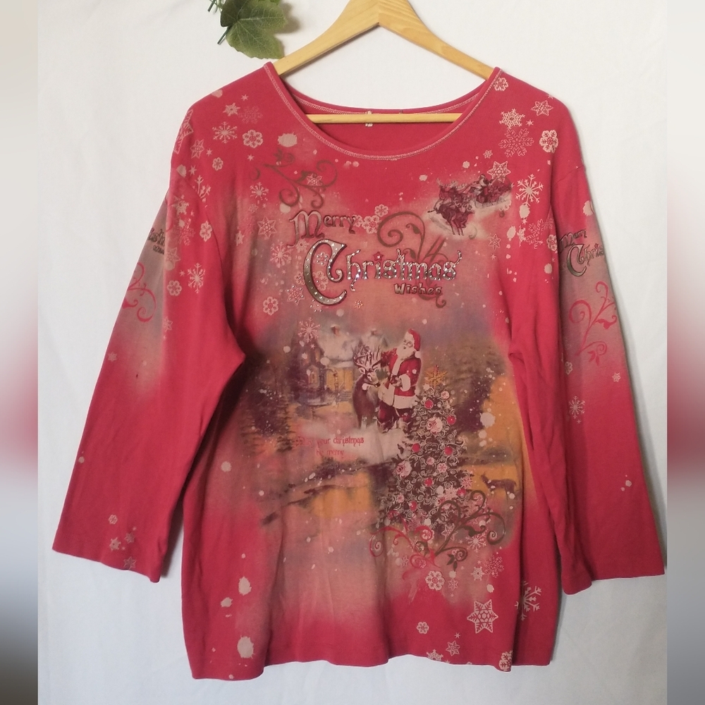 90's Vintage Merry Christmas Classic Santa Bedazzled Paisley Long Sleeve Blouse